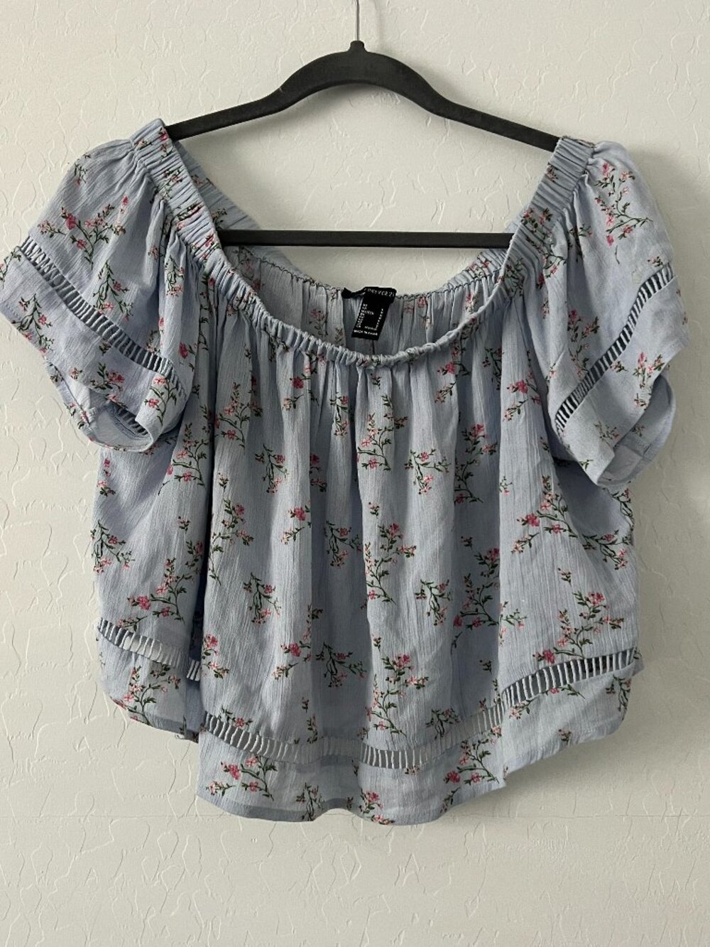 Forever 21 Women's Large Off Shoulder Floral Top Blue Boho Peasant Cottagecore